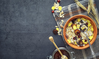 Healthy breakfast. Muesli from cereals with milk berries.