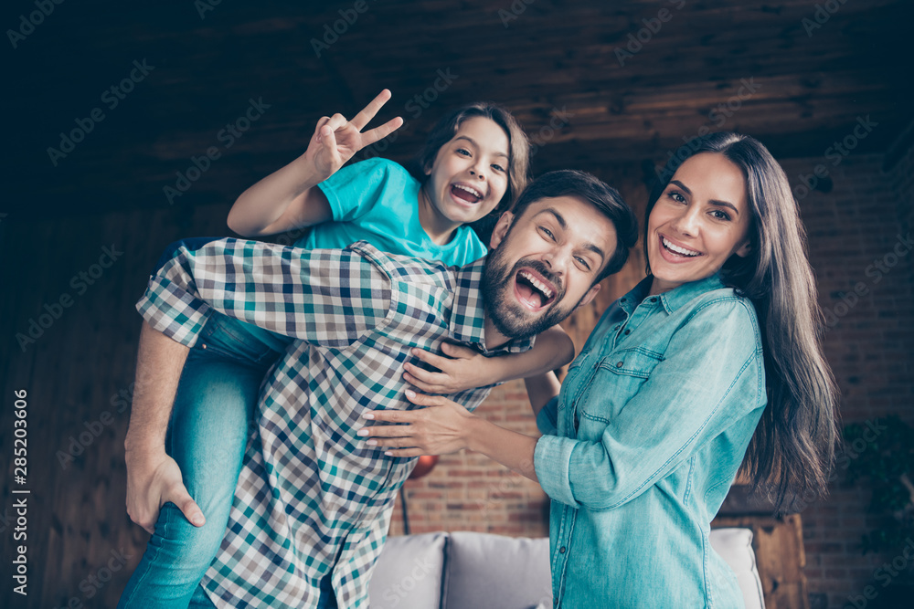 Sticker Low angle photo of cheerful people with brunette hair making v-signs wearing checkered plaid shirt in house indoors