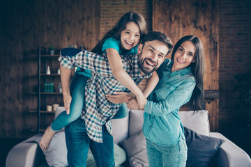 Close up photo of cheerful people with brunette haircut laughing wearing checkered plaid shirt...