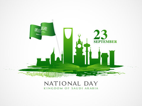 Illustration of Saudi Arabia National wavy Flag with Famous Monuments for 23rd September, Kingdom Of Saudi Arabia National Day celebration poster design.