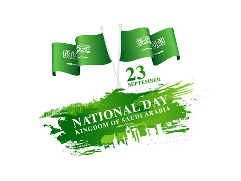 23rd September, Kingdom Of Saudi Arabia National Day celebration poster design with Saudi Arabia National wavy Flags on green brush stroke background.