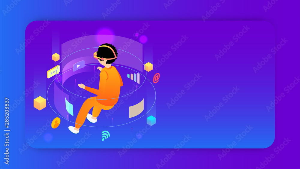 Poster virtual reality concept based design with illustration of user using of social media servicing on pu