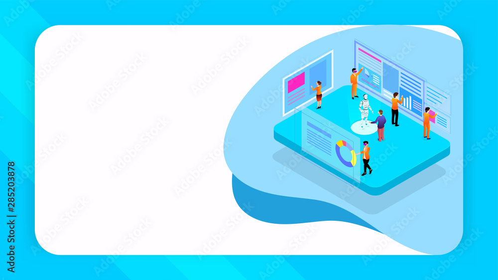 Aufkleber virtual co-working concept based design, illustration of people working robotic project with analysi
