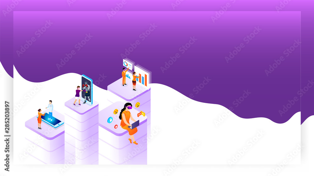 Poster virtual reality concept based design with people using different social service app. can be used as 