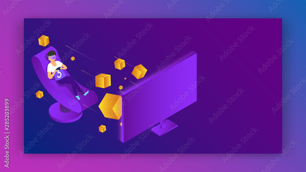 Poster vector illustration of boy wearing vr glasses playing video game on computer for virtual reality con