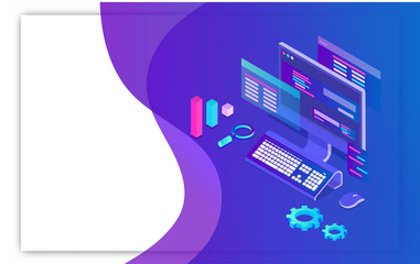 Isometric illustration of computer with workplace of a developer on abstract background for Web Development or content management concept.
