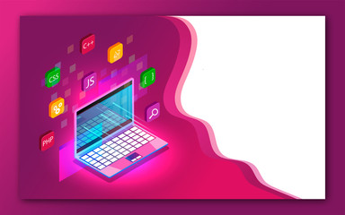 3D isometric illustration of laptop with different programing languages sign or symbol for Programming concept. Can be used as web banner or poster design.