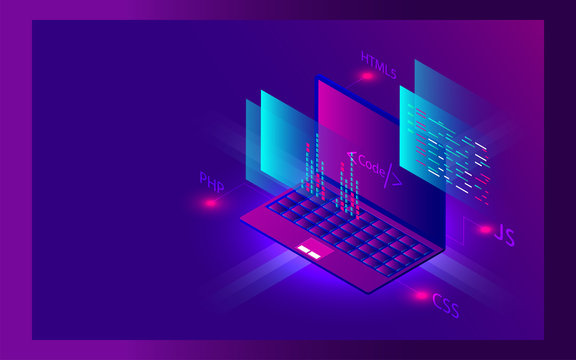 3D illustration of laptop with different programming language sign for Coding and Programming concept.