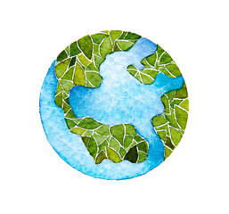 Eco friendly ecology to save the world with tree concept for save energy.Happy Earth day on April,22.Hand drawn watercolor painting,isolate on white background for creative wallpaper, design art work.
