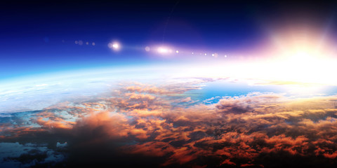 Earth with sunrise on blue space background