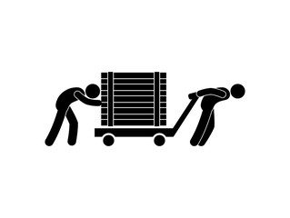 movers wheeling a cart with a heavy box, isolated pictogram, stick figure man icon