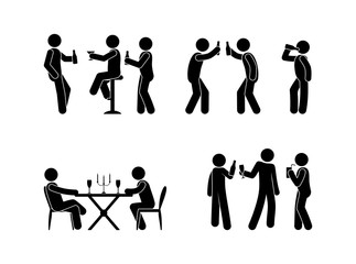 people drink spirits drinks icon set, stick figure illustration bar, restaurant, stickman with a bottle in hand