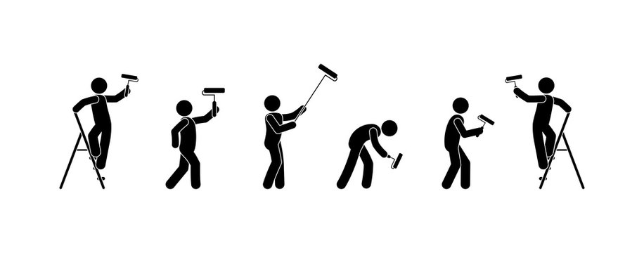man is engaged in repair, isolated silhouettes of people, wall painting icons, stick figure people with paint roller