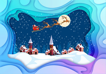 Merry Christmas and Happy New Year. Greeting card pulled out of paper. Santa Claus, moon, snow, houses, church. illustration