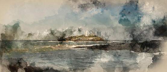 Obraz na płótnie Canvas Digital watercolor painting of Beautiful sunrise landscape of Godrevy lighthouse on Cornwall coastline in England
