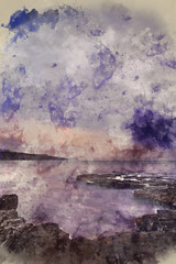 Digital watercolor painting of Beautiful toned seascape landscape of rocky shore at sunset