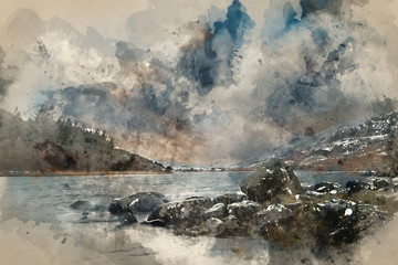 Digital watercolor painting of Beautiful Winter landscape image of Llynnau Mymbyr in Snowdonia National Park with snow capped mountains in background