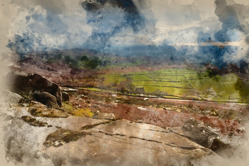 Digital watercolor painting of Beautiful Autumn Fall landscape of Hope Valley from Stanage Edge in Peak District