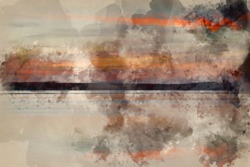 Digital watercolor painting of Vibrant sunset landscape over ocean