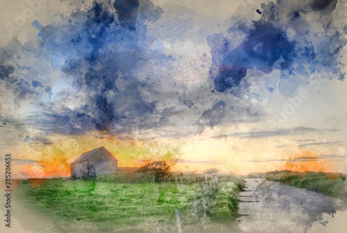 Digital Watercolor Painting Of Old Barn In Landscape At Sunset