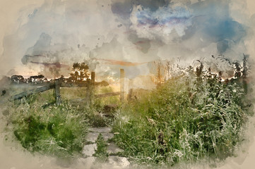 Fototapeta na wymiar Digital watercolor painting of Beautiful vibrant Summer sunrise over English countryside landscape