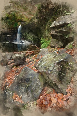 Digital watercolor painting of Beautiful waterfall landscape image in forest during Autumn Fall in Wales UK