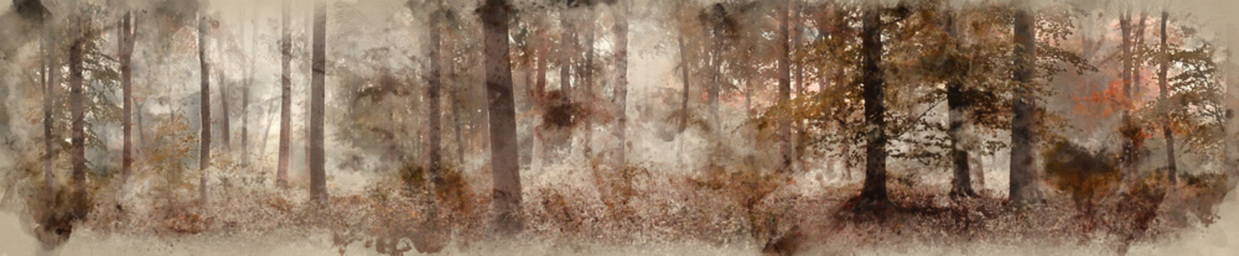 Digital watercolor painting of Large colorful panorama foggy Autumn Fall forest landscape