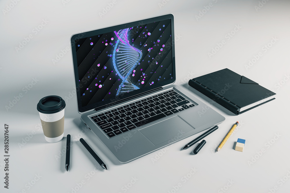 Poster laptop closeup with dna drawing on computer screen. education concept. 3d rendering.