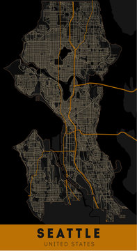Black and orange map of Seattle city. Washington Roads.