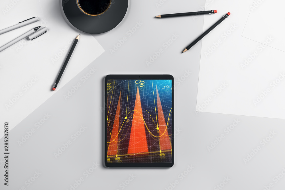 Aufkleber digital tablet closeup top view with financial graph on screen. online trading application concept. 