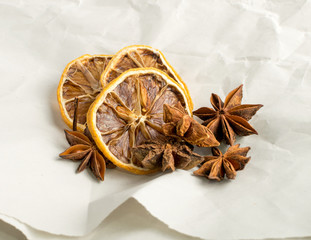 Fototapeta premium Dry Spices for Mulled Wine with Dehydrated Sliced Citrus