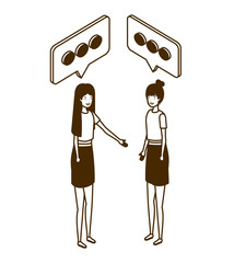 women standing with speech bubble on white background