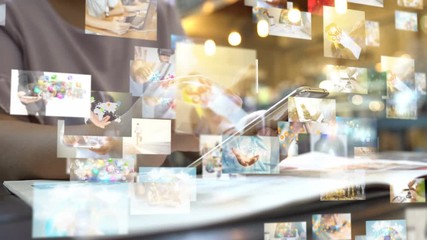 Hand touch screen smartphone, social media interface on screen, connect to the future concept