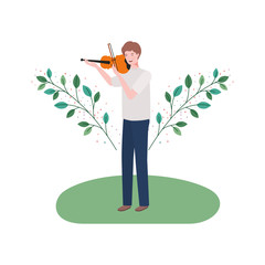 man with fiddle and branches and leaves in the background