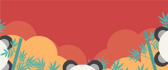 Asia style vector web banner with copy space, panda ears, bamboo and golden clouds on red background © Firn