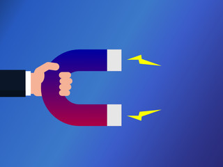 Hand holding a magnet. Business concept, attracting success, money, investments, customers. Businessman's hand with a horseshoe magnet. Blue background. Vector illustration, flat style, clip art. 