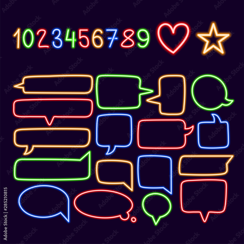 Poster collection of colorful neon speech bubbles with space for text. set of transparent electric light fr