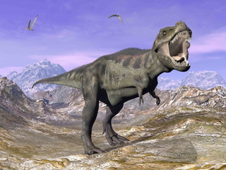 Tyrannosaurus T-Rex roaring in nature - 3D render © Elenarts