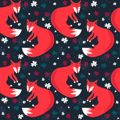 Foxes, hand drawn backdrop. Colorful seamless pattern with animals, flowers. Decorative cute wallpaper, good for printing. Overlapping background vector. Design illustration