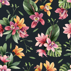 Seamless pattern of yellow, rose orchid flowers and tropical leaves on dark background.