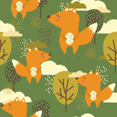 Seamless pattern, squirrels and trees, hand drawn overlapping backdrop. Colorful background vector. Illustration with animals. Decorative colored wallpaper, good for printing