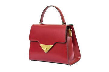 Open red women's leather bag, white background, isolate