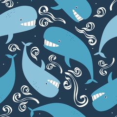Happy whales, hand drawn seamless pattern. Marine background vector. Colorful illustration, overlapping backdrop. Decorative cute wallpaper, good for printing
