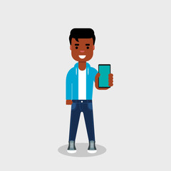 Young African American is showing phone and smiling. Geek in jeans and sweatshirt is holding smartphone. Mobile technology, people and gadgets, concept. Vector illustration, flat style, clip art.