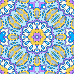 Decorative colorful ethnic seamless pattern for fabric or wrapping in oriental style. Hand drawn illustration