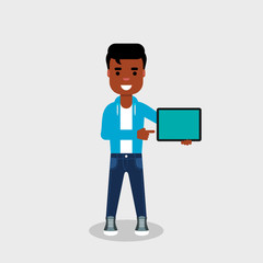Young African American is showing tablet PC and smiling. Geek in jeans and sweatshirt is holding a tablet computer and finger pointing at it. Mobile technology, people and gadgets, concept. Clip art
