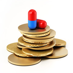 Pill standing on generic coin pile. 3D illustration