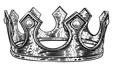 A royal kings crown in a vintage retro woodcut style illustration
