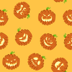 Seamless bright pattern set of Halloween scary pumpkins. Autumn holidays. hand draw pumpkins. Cartoon style pattern with pumpkins on a yellow background
