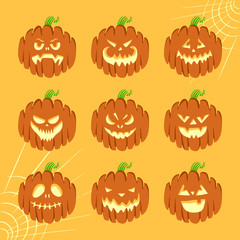 Set of Halloween scary pumpkins. Flat style vector spooky creepy and funny pumpkins. Emotion Variation.